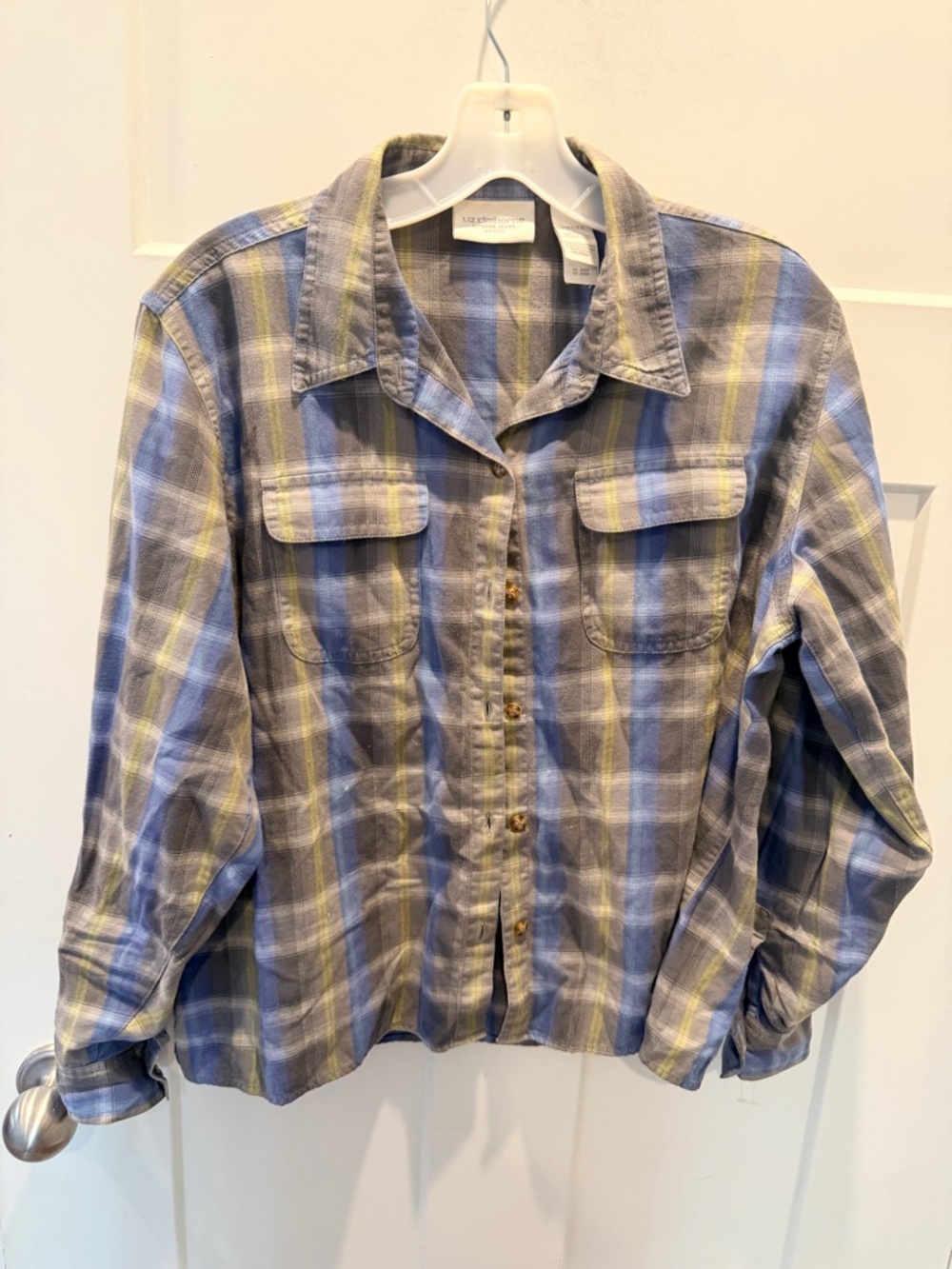 Liz Claiborne LizWear Petite Large Plaid Button Up Shirt Blue Green Cotton